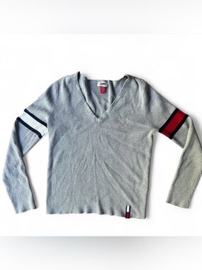 Vintage Tommy Jeans Ribbed V-Neck Varsity Sweater Gray Size M